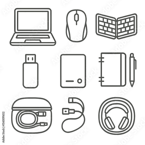 Portable Office Essentials. Line style icons of Portable Office Kit: portable laptop, compact mouse, foldable keyboard, USB flash