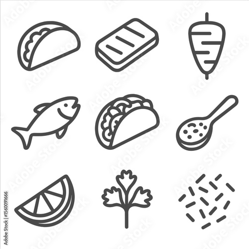 Mexican Taco Icons. Line style icons of Mexican Tacos silhouette: corn tortilla, carne asada slice, al pastor pork, fish fillet,