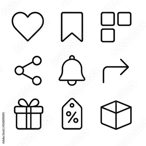 Wishlist Feature Icons. Line style icons of Wishlist Features: heart icon, save button, list grid, share wishlist arrow, notify me
