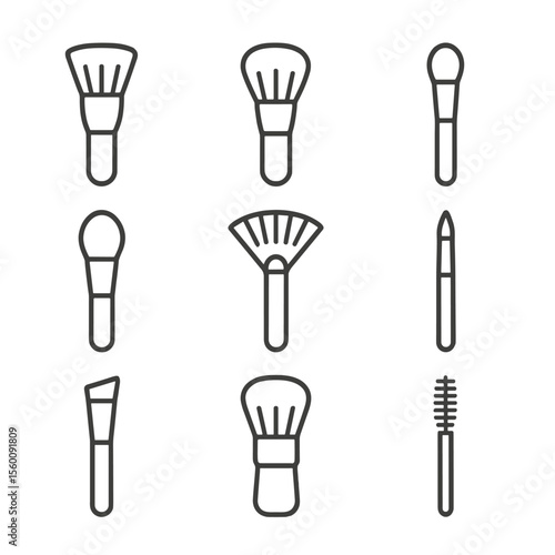 Makeup Brush Icons. Line style icons of Makeup Brush Set: foundation brush, blush brush, eyeshadow brush, concealer brush, fan