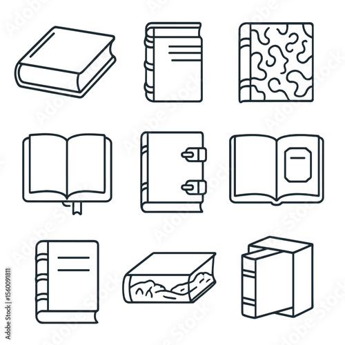 Antique Book Iconography. Line style icons of Antique Books: leather-bound tome, gilt spine, marbled endpaper, ribbon bookmark,