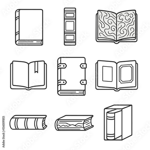 Antique Book Iconography. Line style icons of Antique Books: leather-bound tome, gilt spine, marbled endpaper, ribbon bookmark,