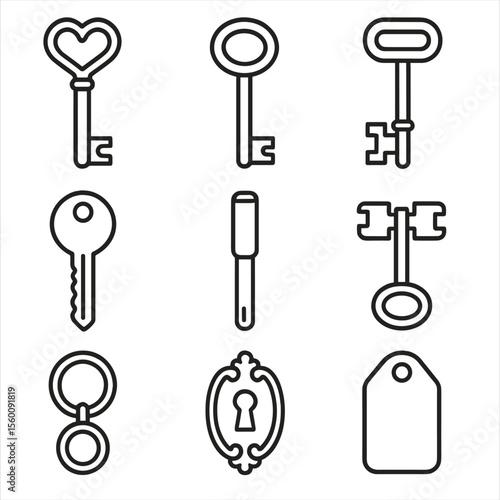 Antique Key Icons. Line style icons of Antique Keys: skeleton key, barrel key, bit key, Yale key, tubular key, double-bit key,