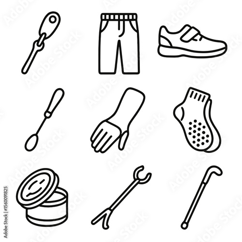 Adaptive Clothing Icons. Line style icons of Adaptive Clothing: zipper pull assist, elastic-waist pants, Velcro shoe, button-hook