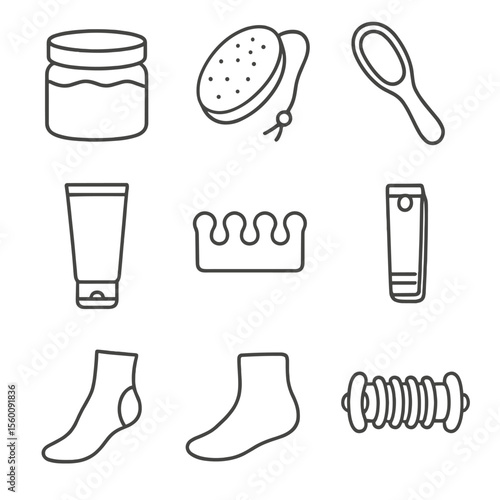 Foot Care Icons. Line style icons of Foot Care Essentials: foot scrub jar, pumice stone, foot file, heel balm tube, toe separator,
