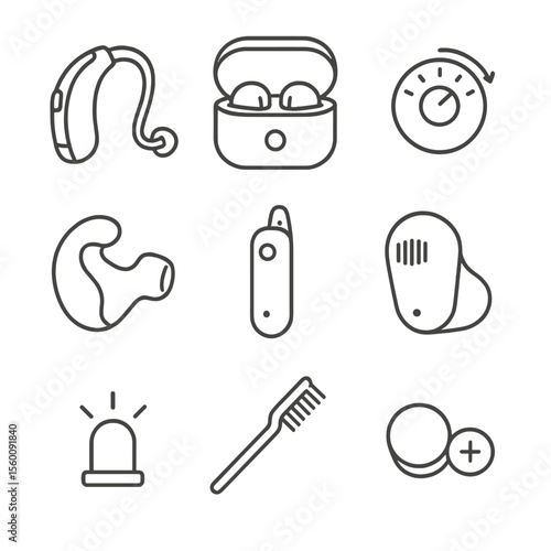 Hearing Aid Icons. Line style icons of Hearing Assistance: behind-ear hearing aid, charging case, volume dial, custom ear mold,