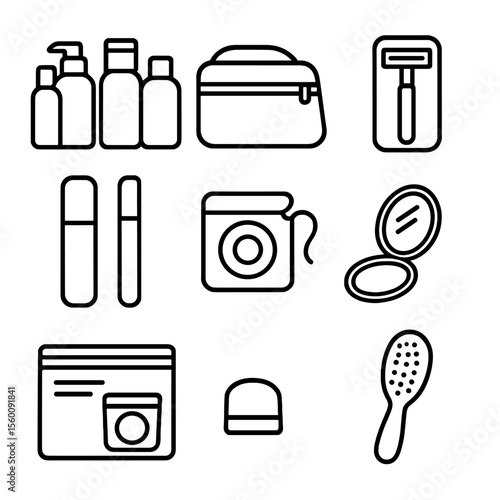 Travel Toiletry Icons. Line style icons of Travel Toiletry Kit: travel bottles set, toiletry bag, razor case, toothbrush case,