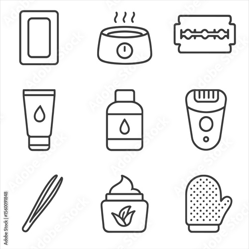 Hair Removal Kit Icons. Line style icons of Hair Removal Kit: waxing strip, wax warmer pot, razor blade, shaving cream tube,