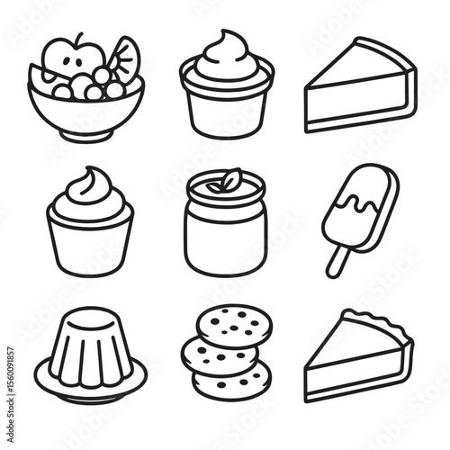 Dessert Icons Collection. Line style icons of Desserts for Lunch: fruit salad bowl, pudding cup, cheesecake slice, chocolate