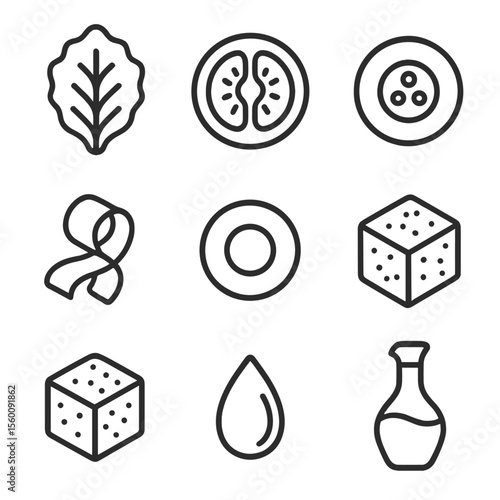 Salad Toppings Icons. Line style icons of Salad Toppings Mix: lettuce leaf, tomato slice, cucumber ring, carrot ribbon, olive
