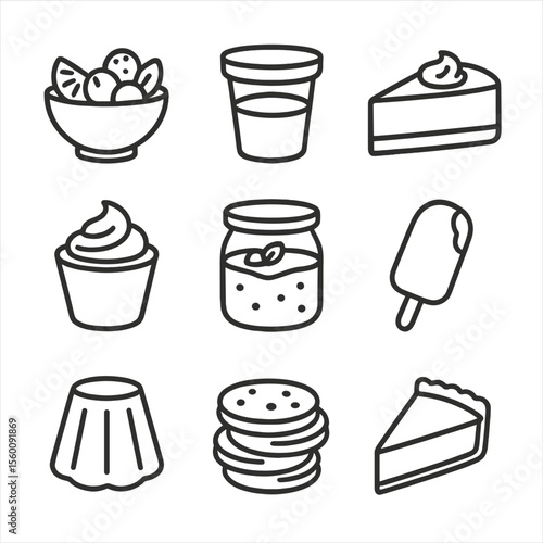 Dessert Icons Collection. Line style icons of Desserts for Lunch: fruit salad bowl, pudding cup, cheesecake slice, chocolate