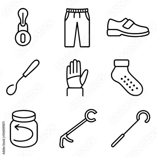 Adaptive Clothing Icons. Line style icons of Adaptive Clothing: zipper pull assist, elastic-waist pants, Velcro shoe, button-hook