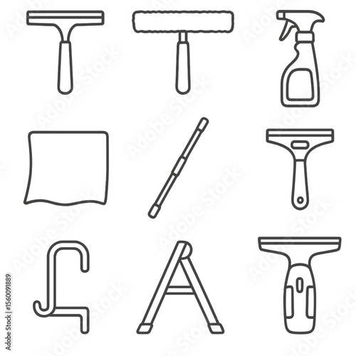 Window Cleaning Tools. Line style icons of Window Cleaning Set: squeegee blade, washer sleeve, glass cleaner spray, lint-free