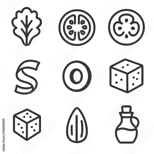 Salad Toppings Icons. Line style icons of Salad Toppings Mix: lettuce leaf, tomato slice, cucumber ring, carrot ribbon, olive