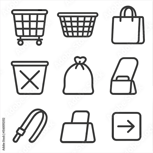 Laundry Transport Icons. Line style icons of Laundry Transport: laundry trolley, wheeled cart, hamper basket, tote bag,