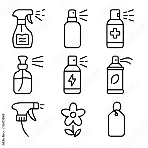 Fabric Spray Icons. Line style icons of Fabric Freshening Sprays: wrinkle release spray, linen mist bottle, antibacterial spray,