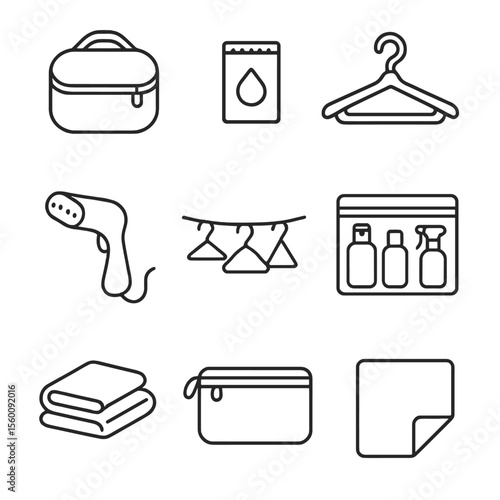 Travel Laundry Essentials. Line style icons of Travel and On-the-Go Laundry: compact wash bag, mini detergent sachet, foldable