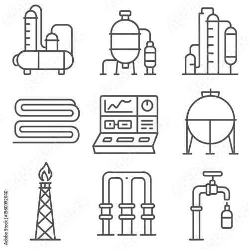 Petrochemical Plant Icons. Line style icons of Petrochemical Plant Units: ethylene cracker, polymerization reactor, distillate