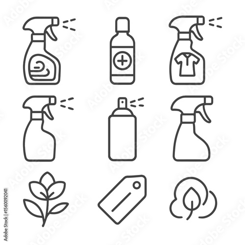 Fabric Spray Icons. Line style icons of Fabric Freshening Sprays: wrinkle release spray, linen mist bottle, antibacterial spray,