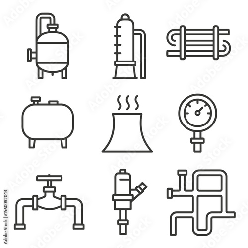 Chemical Plant Icons. Line style icons of Chemical Processing Plant: reactor vessel, distillation column, heat exchanger, storage