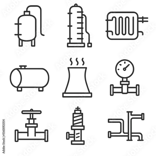 Chemical Plant Icons. Line style icons of Chemical Processing Plant: reactor vessel, distillation column, heat exchanger, storage