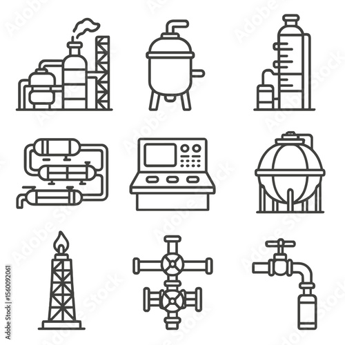 Petrochemical Plant Icons. Line style icons of Petrochemical Plant Units: ethylene cracker, polymerization reactor, distillate