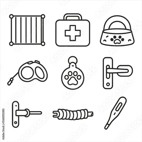 Pet Safety Accessories Icons. Line style icons of Pet Safety Accessories: pet gate, pet first-aid kit, non-slip feeder mat,