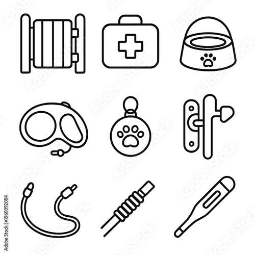 Pet Safety Accessories Icons. Line style icons of Pet Safety Accessories: pet gate, pet first-aid kit, non-slip feeder mat,