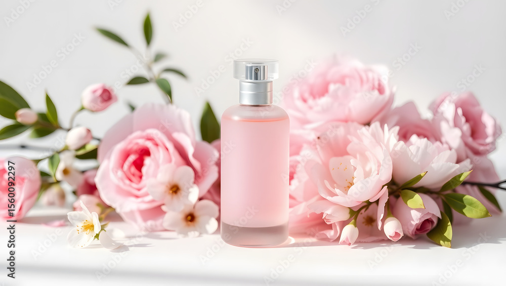 Fragrant Essence: A captivating perfume bottle is embraced by a cluster of blooming roses, petal and leaves creating an aura of delicate elegance, offering a sensory experience of luxurious beauty. Fragrant Essence: A captivating perfume bottle is embraced by a cluster of blooming roses, petal and leaves creating an aura of delicate elegance, offering a sensory experience of luxurious beauty.