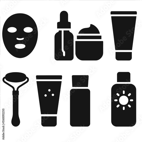 Skincare Icon Set. Solid style icons of skincare routine: face mask, serum bottle, moisturizer jar, cleanser tube, face roller,