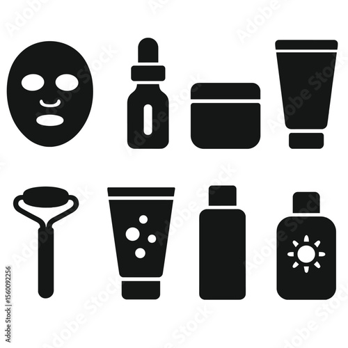Skincare Icon Set. Solid style icons of skincare routine: face mask, serum bottle, moisturizer jar, cleanser tube, face roller,