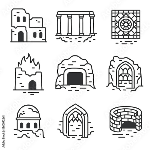 Middle Eastern Ruin Icons. Line style icons of Middle Eastern Ruins: mudbrick palace, columned courtyard, mosaic floor, burnt wall