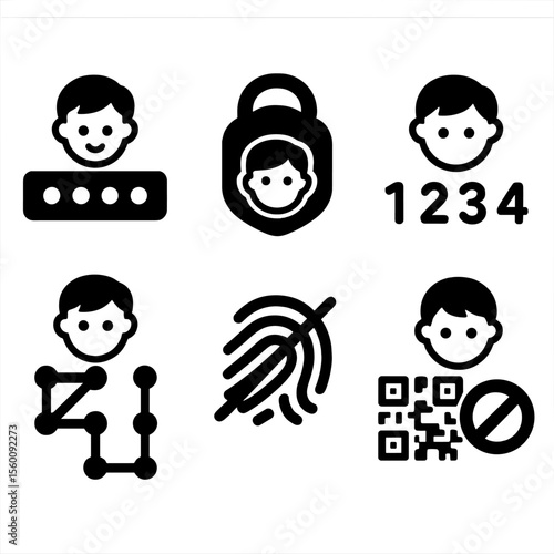 Child Login Icons. Solid style icons of child login methods: PIN entry, face lock, child passcode, app lock pattern, fingerprint