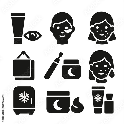 Face Care Essentials. Solid style icons of face care: eye cream, undereye patch, blackhead remover, blemish dot, face towel,