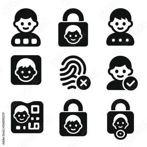 Child Login Icons. Solid style icons of child login methods: PIN entry, face lock, child passcode, app lock pattern, fingerprint