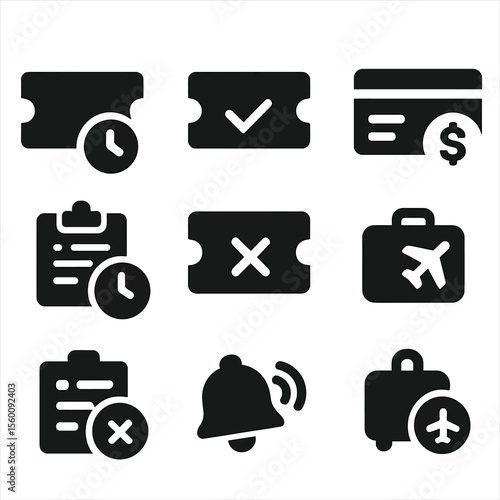 Booking Status Icons. Solid style icons of booking status: ticket pending, ticket confirmed, awaiting payment, ticket issued,