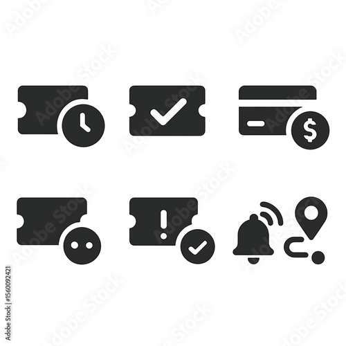 Booking Status Icons. Solid style icons of booking status: ticket pending, ticket confirmed, awaiting payment, ticket issued,