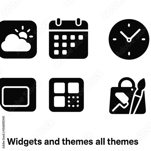 Solid Style Widgets. Solid style icons of widgets and themes: weather widget, calendar widget, battery widget, clock skin, theme