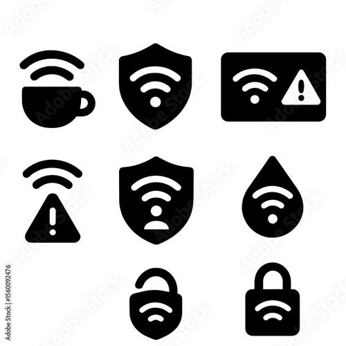 VPN Icons Collection. Solid style icons of VPN for public Wi-Fi: coffee shop Wi-Fi, public network shield, warning popup, secure