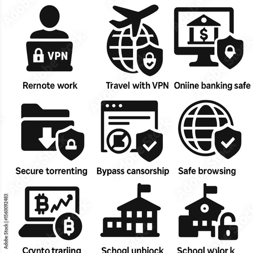 Solid VPN Icons. Solid style icons of VPN usage scenarios: remote work icon, travel with VPN, online banking safe, secure