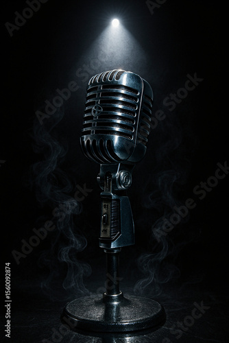 Vintage microphone in spotlight with smoke on black background