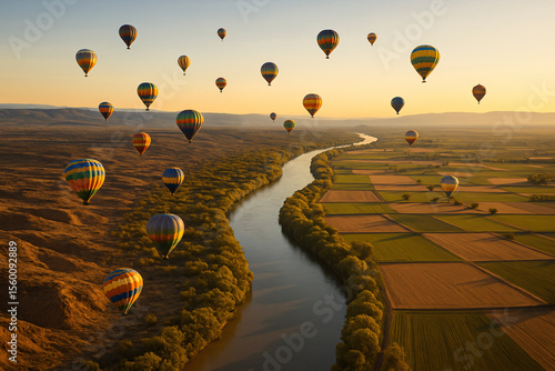 Hot air balloons floating over river and patchwork fields at golden hour