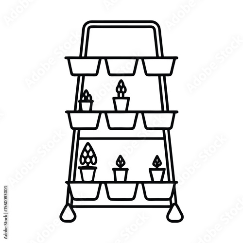 Vertical stand with herbs pots and watering accessory Vector illustration