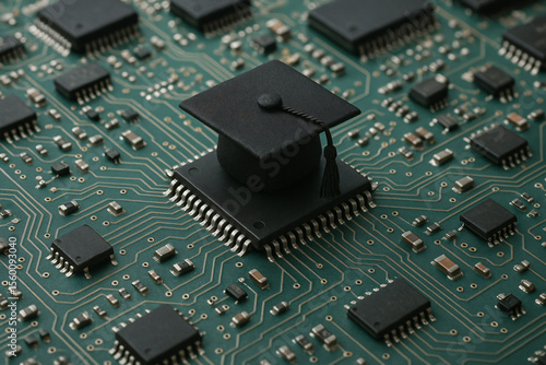 Graduation cap on computer chip symbolizing digital education