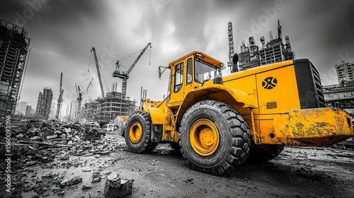 Urban development project featuring modern multi-story building framework and heavy machinery --chaos 100  