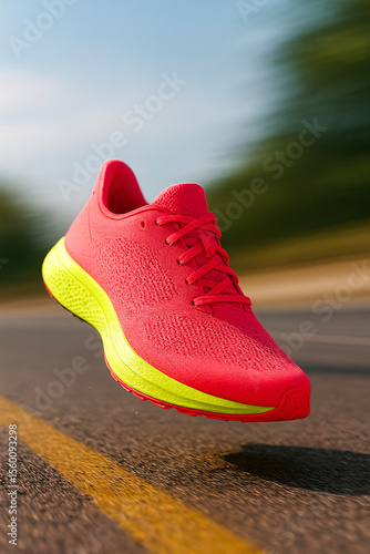 Bright red and yellow running shoe floating mid-air above road