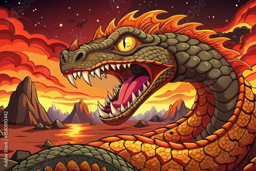 volcanic wasteland with a massive lava serpent erupting from the molten ground cartoon, surrounded by ash clouds and glowing magma