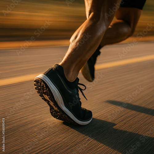 Athletic runner mid-stride on sunlit road with speed blur