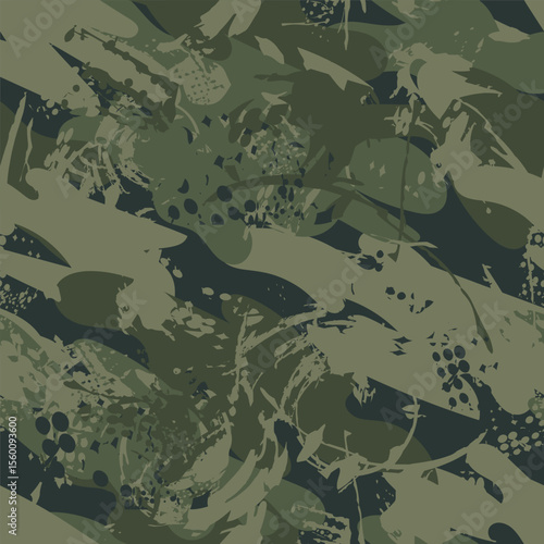 Abstract camouflage seamless pattern with dynamic splashes, grunge textures, military green colors. Modern background for fabric, streetwear fashion, tactical wrapping paper.