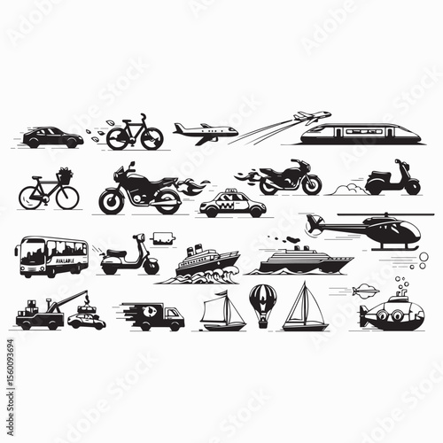 Transport Vector Icons Set – Cars, Bikes, Planes, Ships, and More